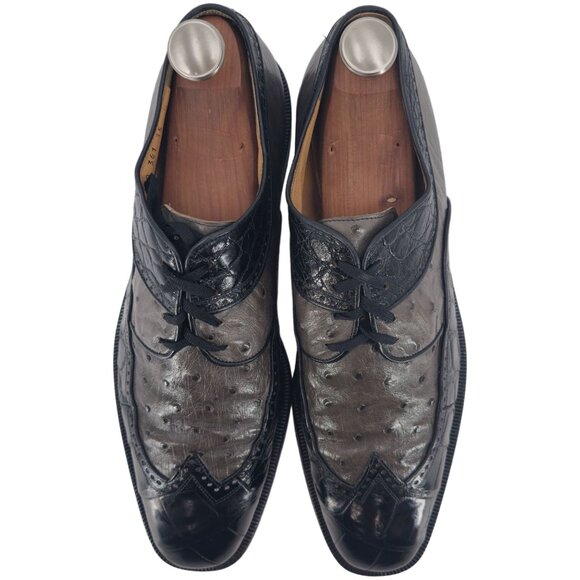 Mauri Italy Men 15 Exotic Alligator Ostrich Dress Shoe Grey Black Wingtip Oxford